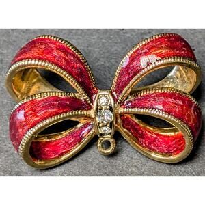 Vtg Monet Bow Brooch Pin Gold Tone Clear Rhinestones Red Enamel Statement READ